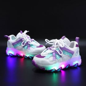 Children LED Glowing Shoes Baby Luminous Sneaker Boys Lighting Running Shoes Kids Breathable Mesh Sneakers Autumn Winter Shoe (Color: Purple)