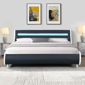 Faux Leather Upholstered Platform Bed Frame with led lighting , Curve Design, Wood Slat Support, No Box Spring Needed, Easy Assemble, Queen Size, (Color: Black White)
