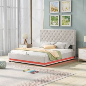 Queen Size Storage Upholstered Platform Bed with Adjustable Tufted Headboard and LED Light (Color: Beige)