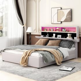 Queen Size Upholstered Platform Bed with Storage Headboard, LED, USB Charging and 2 Drawers (Color: Beige)