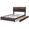 Queen Size Upholstered Platform Bed with Storage Headboard, LED, USB Charging and 2 Drawers