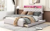 Queen Size Upholstered Platform Bed with Storage Headboard, LED, USB Charging and 2 Drawers