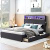 Full Size Upholstered Platform Bed with Storage Headboard, LED, USB Charging and 2 Drawers