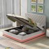 Queen Size Storage Upholstered Platform Bed with Adjustable Tufted Headboard and LED Light