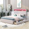 Full Size Upholstered Platform Bed with Storage Headboard, LED, USB Charging and 2 Drawers