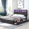 Queen Size Upholstered Platform Bed with Storage Headboard, LED, USB Charging and 2 Drawers